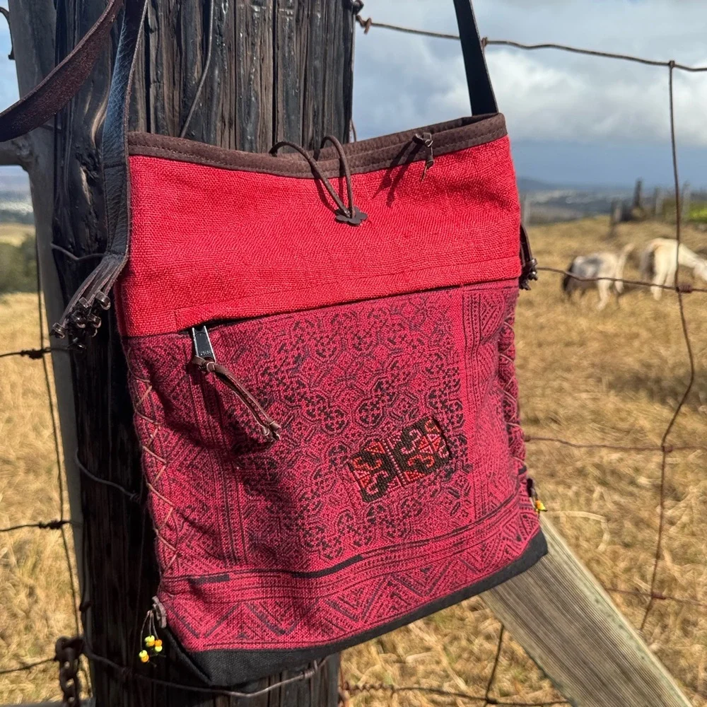 Boho Ethnic Chic Folk Indie Embroidered Red Woven leather Pom Pom crossbody